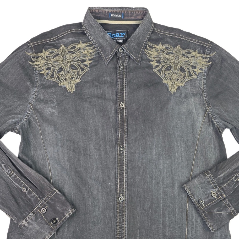 Roar Signature Long Sleeve Men's XL Charcoal Grey Embroidered Y2K Thick Stitch
